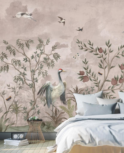 mural de papel pintado floral rosa con pájaros para dormitorio