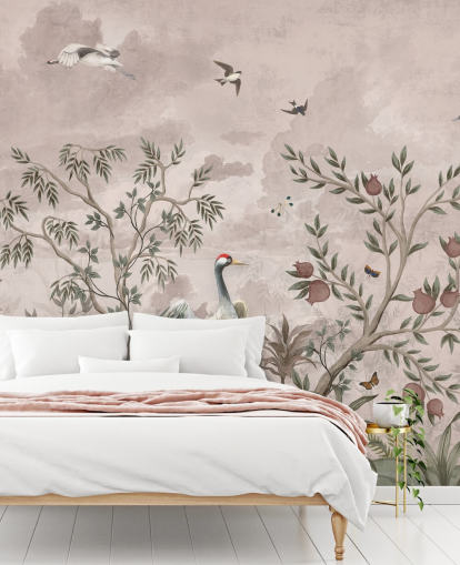mural de papel de parede floral rosa com pássaros para quarto