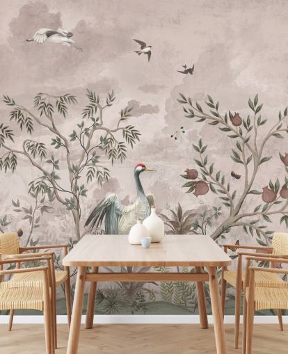 rosafarbenes Blumentapetenwandbild mit Vögel für Schlafzimmer