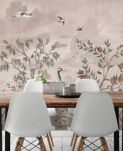 rosafarbenes Blumentapetenwandbild mit Vögel für Schlafzimmer