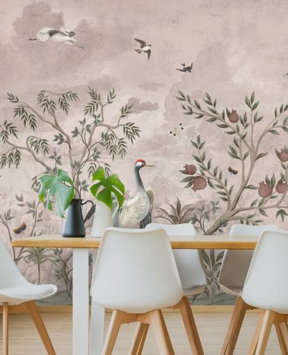 roze bloemenbehangmuurschildering met vogels voor de slaapkamer roze bloemenbehangmuurschildering met vogels voor de slaapkamer
