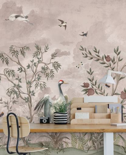 pink floral wallpaper mural with birds for bedroom
