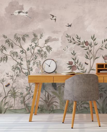 mural de papel pintado floral rosa con pájaros para dormitorio