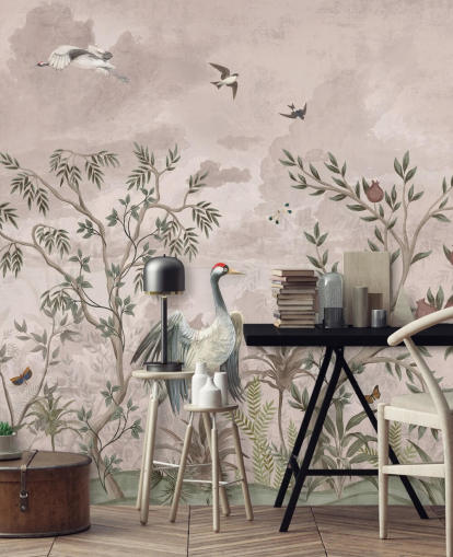 pink floral wallpaper mural with birds for bedroom