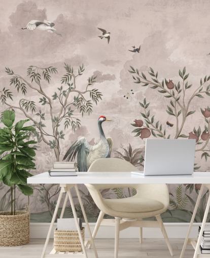 mural de papel de parede floral rosa com pássaros para quarto