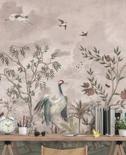 rosafarbenes Blumentapetenwandbild mit Vögel für Schlafzimmer