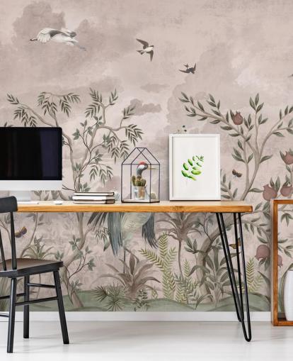 rosafarbenes Blumentapetenwandbild mit Vögel für Schlafzimmer