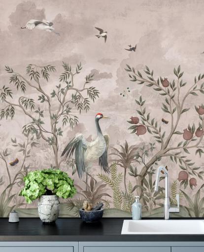 roze bloemenbehangmuurschildering met vogels voor de slaapkamer roze bloemenbehangmuurschildering met vogels voor de slaapkamer