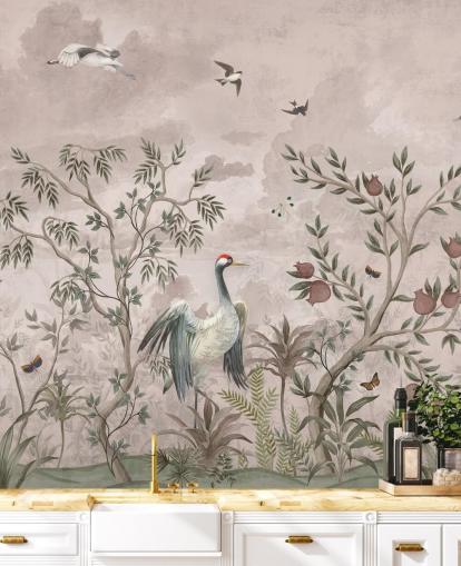 mural de papel pintado floral rosa con pájaros para dormitorio