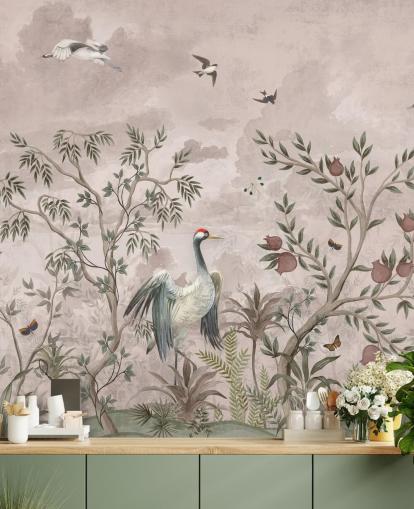 pink floral wallpaper mural with birds for bedroom