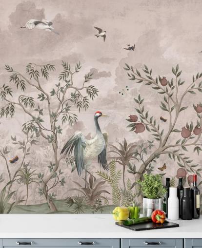 pink floral wallpaper mural with birds for bedroom