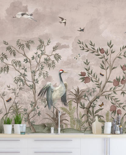 pink floral wallpaper mural with birds for bedroom