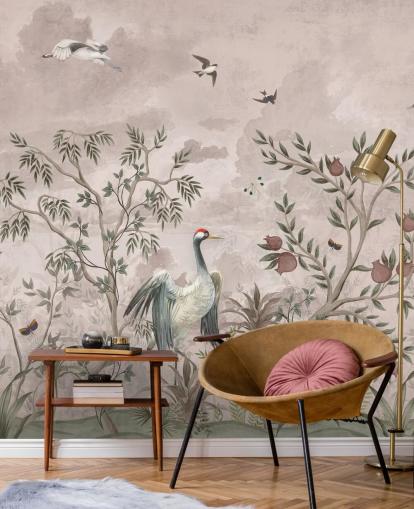 rosafarbenes Blumentapetenwandbild mit Vögel für Schlafzimmer