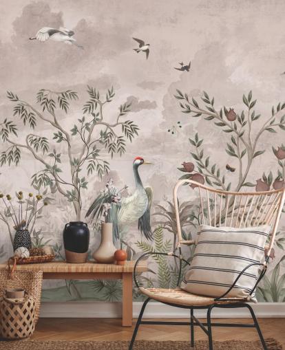 pink floral wallpaper mural with birds for bedroom