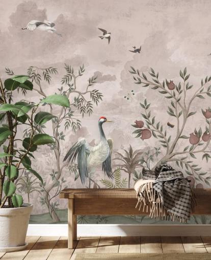 carta da parati murale floreale rosa con uccelli per camera da letto