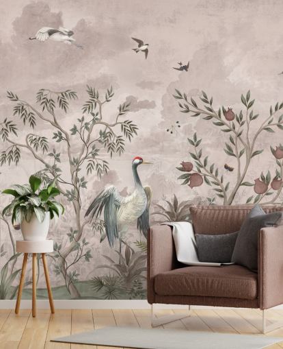 carta da parati murale floreale rosa con uccelli per camera da letto