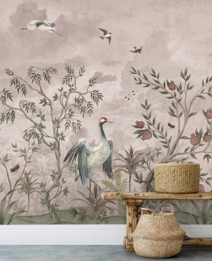 rosafarbenes Blumentapetenwandbild mit Vögel für Schlafzimmer