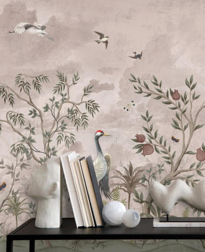 mural de papel de parede floral rosa com pássaros para quarto