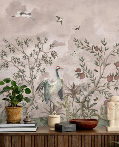 roze bloemenbehangmuurschildering met vogels voor de slaapkamer