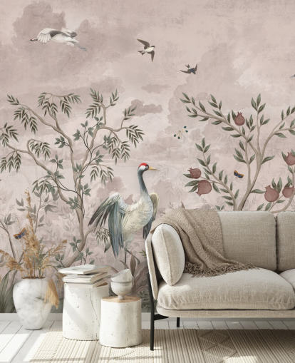 rosafarbenes Blumentapetenwandbild mit Vögel für Schlafzimmer