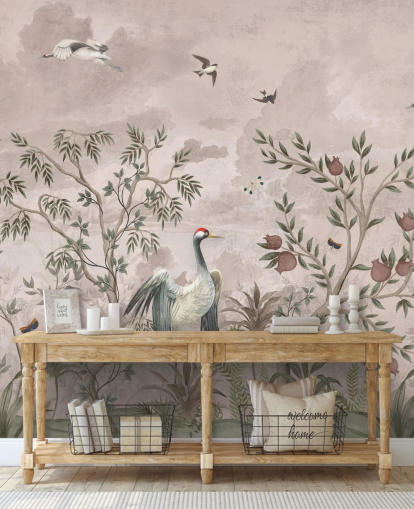 pink floral wallpaper mural with birds for bedroom