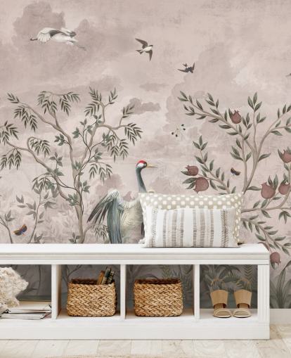 mural de papel de parede floral rosa com pássaros para quarto