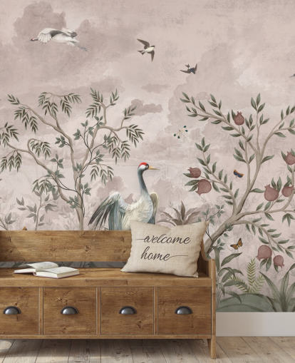 roze bloemenbehangmuurschildering met vogels voor de slaapkamer roze bloemenbehangmuurschildering met vogels voor de slaapkamer