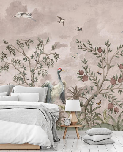 papier peint floral rose avec oiseaux pour chambre