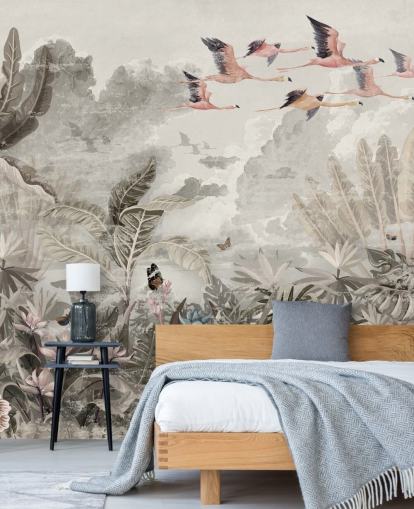 papier peint de la jungle en sourdine avec des flamants roses pour chambre