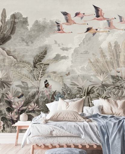 gedämpfte Dschungeltapete mit Flamingos für Schlafzimmer