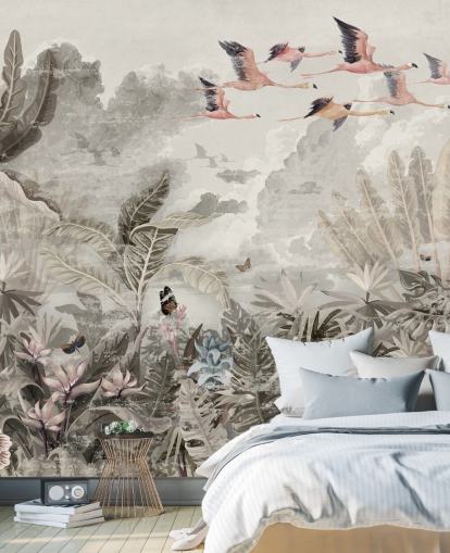 muted jungle wallpaper with flamingos for bedroom