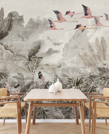 papel de parede silencioso da selva com flamingos para quarto
