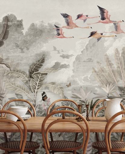 muted jungle wallpaper with flamingos for bedroom