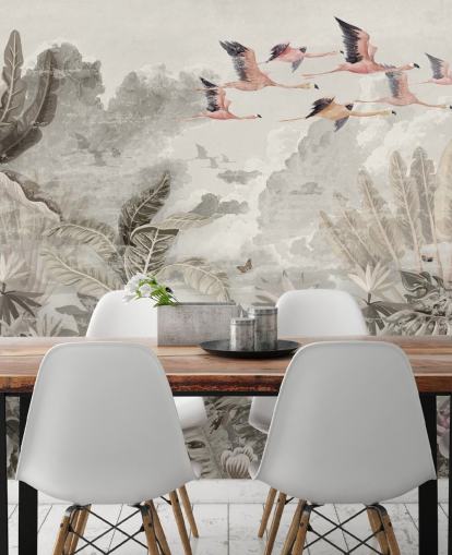 muted jungle wallpaper with flamingos for bedroom