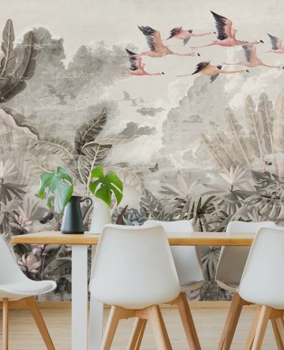 dämpad djungel tapet med flamingos för sovrummet