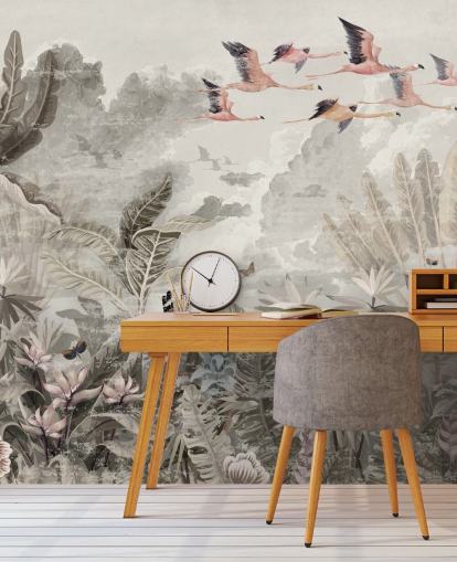 papier peint de la jungle en sourdine avec des flamants roses pour chambre