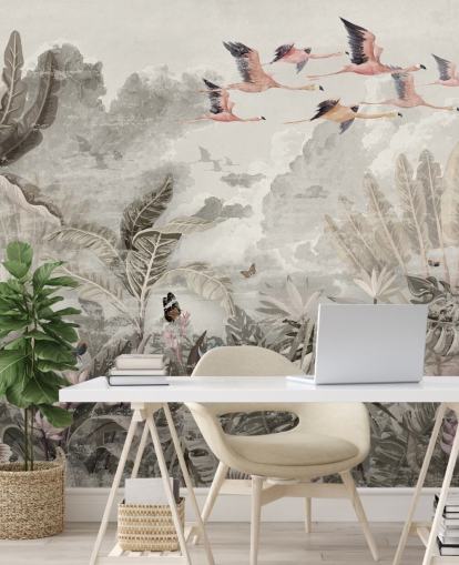 papel pintado de jungla apagada con flamencos para dormitorio