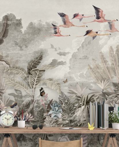 papel pintado de jungla apagada con flamencos para dormitorio