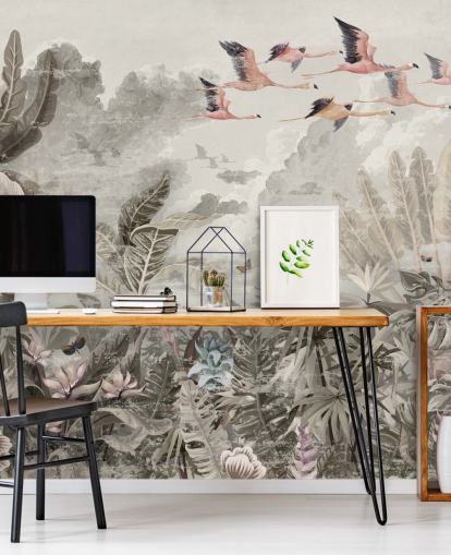 gedämpfte Dschungeltapete mit Flamingos für Schlafzimmer