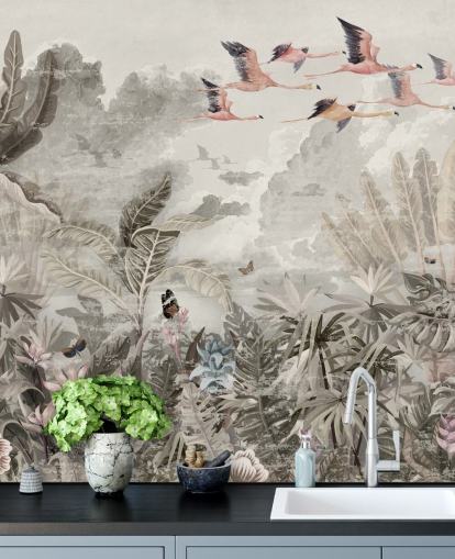 gedämpfte Dschungeltapete mit Flamingos für Schlafzimmer