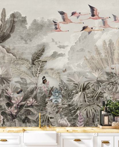 papier peint de la jungle en sourdine avec des flamants roses pour chambre