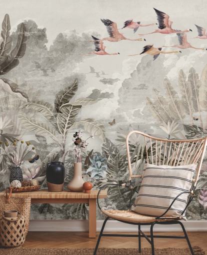 muted jungle wallpaper with flamingos for bedroom