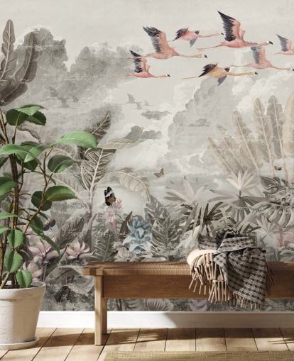 gedämpfte Dschungeltapete mit Flamingos für Schlafzimmer