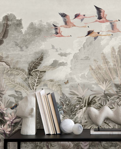 papel de parede silencioso da selva com flamingos para quarto papel de parede silencioso da selva com flamingos para quarto