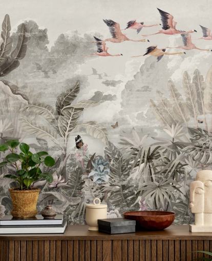 papel de parede silencioso da selva com flamingos para quarto
