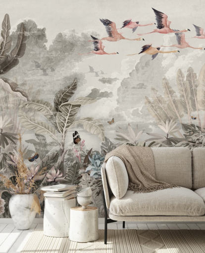papier peint de la jungle en sourdine avec des flamants roses pour chambre