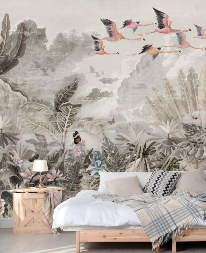 papier peint de la jungle en sourdine avec des flamants roses pour chambre
