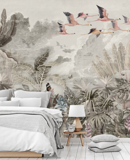 gedämpfte Dschungeltapete mit Flamingos für Schlafzimmer