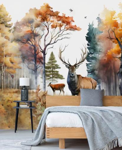 papel pintado de bosque marrón y verde con ciervos para dormitorio