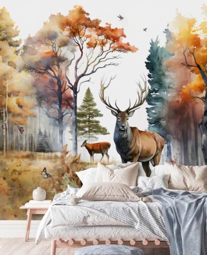 papier peint de forêt marron et vert avec cerfs pour chambre